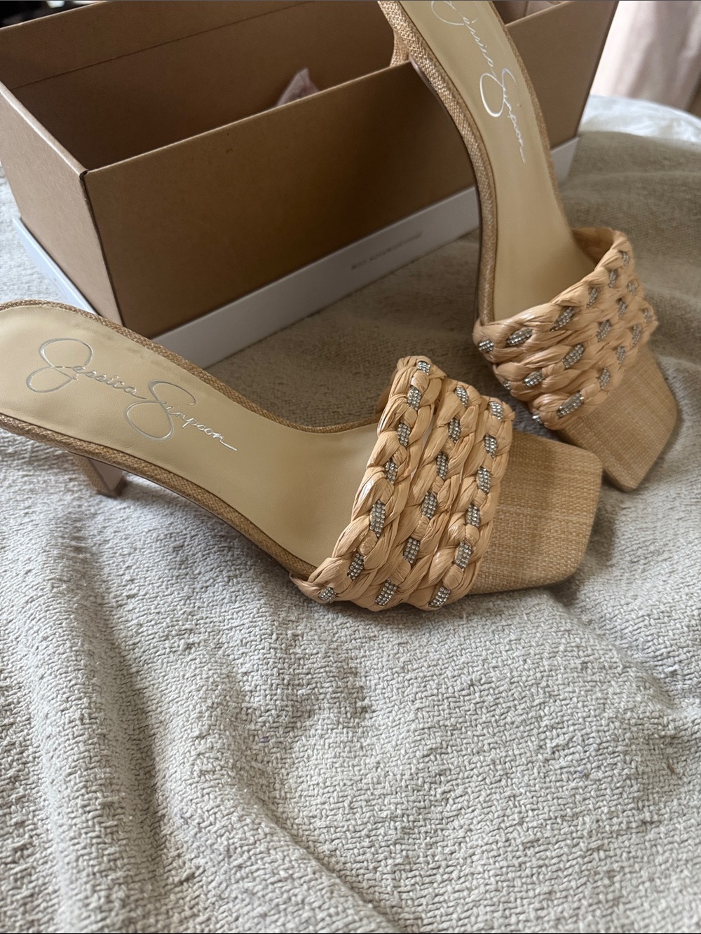 Jessica Simpson Beige Braided Slide Heels with Metallic Accents